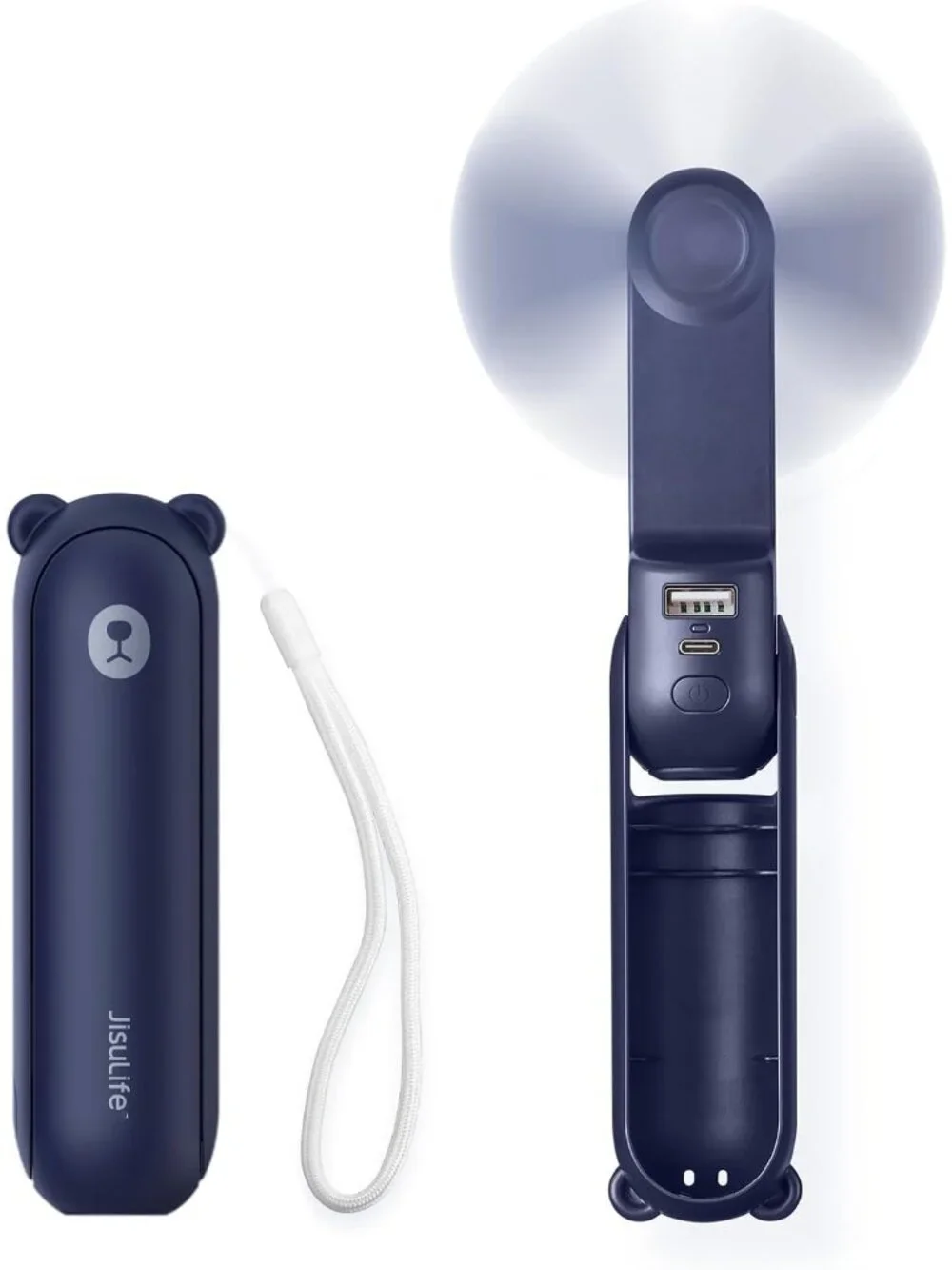 Stylish Dark Blue USB Fan: Rechargeable with Power Bank & Flashlight Features